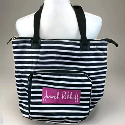 Joseph Ribkoff Black White Stripe Packable Tote Bag Purse Pink Logo.     PB - Изображение 1 из 4