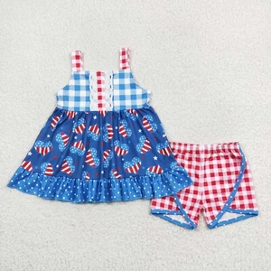 Boutique Baby Girls Patriotic July 4th Flag Heart Strap Top +Shorts Outfit - Picture 1 of 1