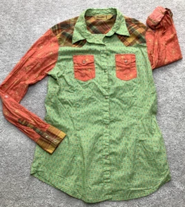 Wrangler Womens M Pearl Snap Western Shirt Roll Tab Sleeves Mixed Print Retro - Imagen 1 de 8