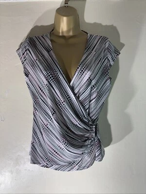 Womens Debenhams Uk 14 Grey/pink Cap Sleeve V Neck Stretch Faux Wrap Blouse Top - Image 1 of 4