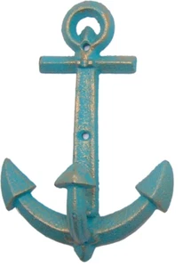 Distressed Blue Anchor Wall Hook, Nautical Home & Office Decor, 7.5 Inches - Picture 1 of 2