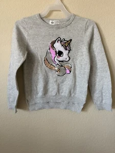 H&M Gray Sparkle Sequin Plush Unicorn Long Sleeve Pullover Sweater Top Size 4-6Y - Picture 1 of 3