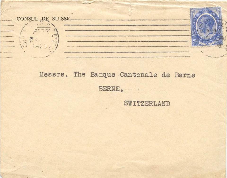 SOUTH AFRICA 1923 King George 2 1/2 d. single postage on cover from SWISS CONSUL - Image 1 of 2