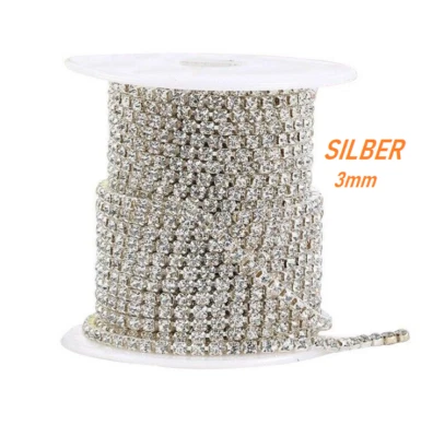 MARKENLOS 1 METER Strasssteine Kette Borte 3mm Silber Elagante Dekoband Glitzerband DE