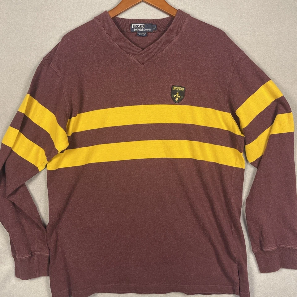 VTG Polo Ralph Lauren Sweater Men’s XL Wool MaroonStriped Embroidered Preppy - Image 1 of 4