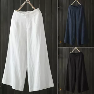 Women Cotton Linen Pants Capri Culottes Cropped Wide Leg Elastic Waist Trousers - Picture 1 of 15