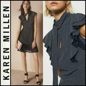 350 $ Karen Millen schwarz weiß Rüschen Schlüsselloch Krawatte Ausschnitt Cocktailkleid ~ 10 M3020 - Bild 1 von 12