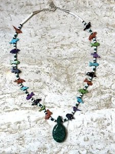 Collana Zuni Fetish Orso Corrente Argento Sterling e Pietra con Tartaruga Malachite - Foto 1 di 10