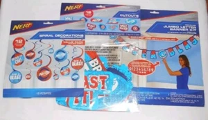 NERF Party! 1 Banner Kit, 2 pkg. 12 CUTOUTS, 3 pkg. 12 SPIRAL DECORATIONS NIP - Picture 1 of 15