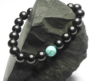 Shungite bracelet with Turquoise bead, 8mm beads - EMF Protection & Healing - Image 1 of 3
