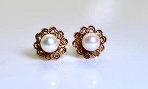 Small Antique 14K Gold Handmade Intricate Pearl Stud Earrings - Picture 1 of 5