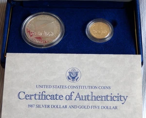 1987 US Constitution Proof Coins $5.00 Gold (O.2687 Troy Oz Gold) and $1 Silver - Picture 1 of 12