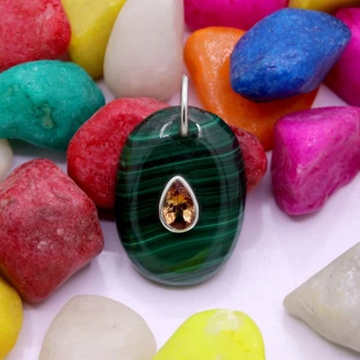 Pendente Cabochon In Malachite Verde Naturale E Citrino In Argento Sterling 925 - Immagine 1 di 4
