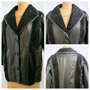 Vintage schwarz persisch lockig Lammfell Leder Mod Moto Retro Biker Jacke Mantel L gebraucht, in einwandfreiem Zustand - Bild 1 von 12