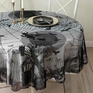 Benson Mills Halloween Fabric Tablecloth, 70" Round, Spooky Spirits Lace - Picture 1 of 7
