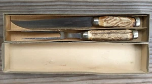 American Cutlery Company 2-teiliges Schnitzset Hirschhorn Griffe Messer, Gabel mit Box - Bild 1 von 6