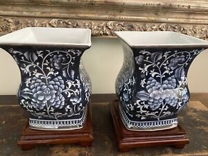 2 Bombay Blue & White Square Vases/Planters WIth Bases