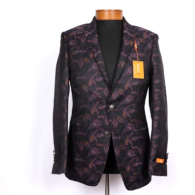 Stunning Tallia 38R Mens Black w/ Purple Paisley Formal Jacket Blazer Sport Coat - Image 1 of 4