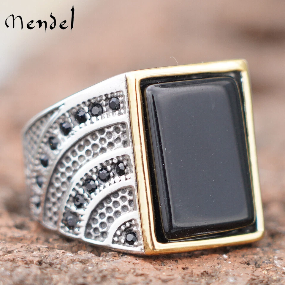 MENDEL Mens Gold Plated Black Square Onyx Stone Ring Stainless Steel Size 7-15 Foto 1 de 1