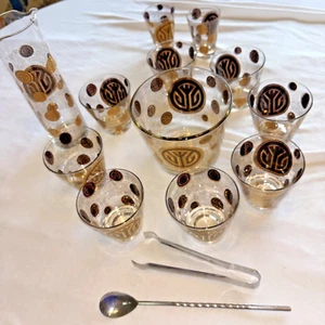 Set 8 MCM Black 22K Gold Rocks Glasses Barware Ice Bucket Pitcher 2 Double Shots - Picture 1 of 6
