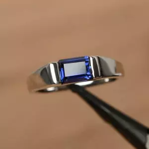 Men's 2.00Ct Emerald Lab Created Blue Sapphire Ring 14K White Gold Plated Silver - Picture 1 of 5