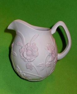 BISQUE porcelain Parian ware PITCHER w/ PINK FLOWERS on white background. 5 " H - Picture 1 of 8