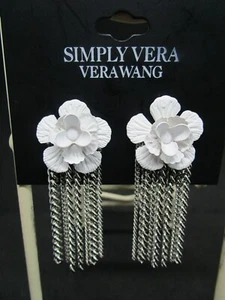 New Vera Wang Pair of Pierced Earrings With White Blossoms ~ Silvertone Chains - Picture 1 of 5