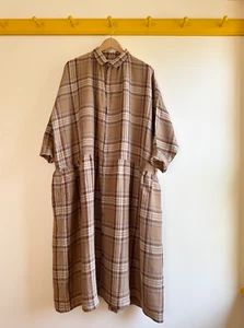 ICHI ANTIQUITES Japón Marrón Lino Cuadros Botón Frontal Volumen Camisa Vestido OS - Imagen 1 de 4