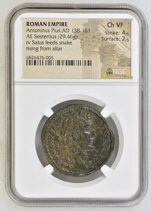 Imperio Romano Antonio Pío AD 138-161 AE Sestercio Salus alimenta serpiente NGC Ch VF Foto 1 de 2