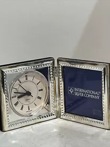 Vintage international silver company double frame with clock - works Silver Plat - Picture 1 of 13