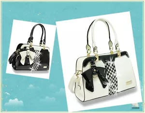 SCHWARZ ODER WEISSE LACK HANDTASCHE geprägter Strass Handtasche MIT WEISSER SCHLEIFE - Bild 1 von 6