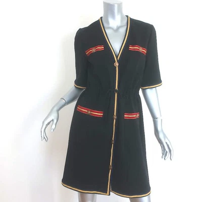 Gucci Tiger Button Striped-Trim Drawstring Mini Dress Black Crepe Size Large - Image 1 of 4