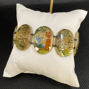Vintage Asian Mother Of Pearl Bracelet With Painted Sceneries  - Picture 1 of 9
