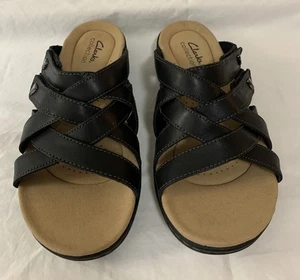 NIB Clarks Sandals Laurieann Bali Sz 6.5W Black Leather Slides 77326 NEW - Picture 1 of 12