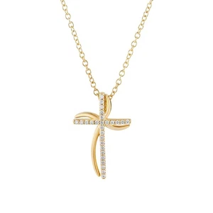 14K Yellow Gold Cross Natural Diamond Pendant Necklace MZ10067 - Picture 1 of 9