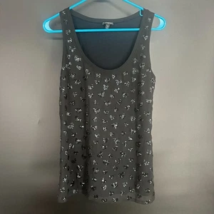 Express Black Liner Sheer Slinky Overlay Heart Sequin Top Tank Size Small - Picture 1 of 8