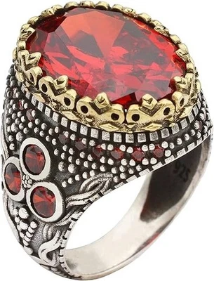 Mens Real 925 Sterling Silver Simulated Ruby Red Gem Stone Statement Ring - Image 1 of 4