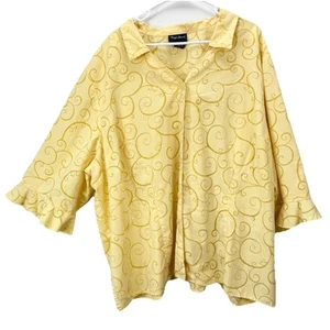Maggie Barnes Butter Yellow Scroll Flare Ruffle Sleeve Button Up Blouse Size 4X - Picture 1 of 12