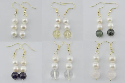 Real AAA 3 Beads Natural 9-10mm White Freshwater Pearl Crystal Earrings - Image 1 of 4