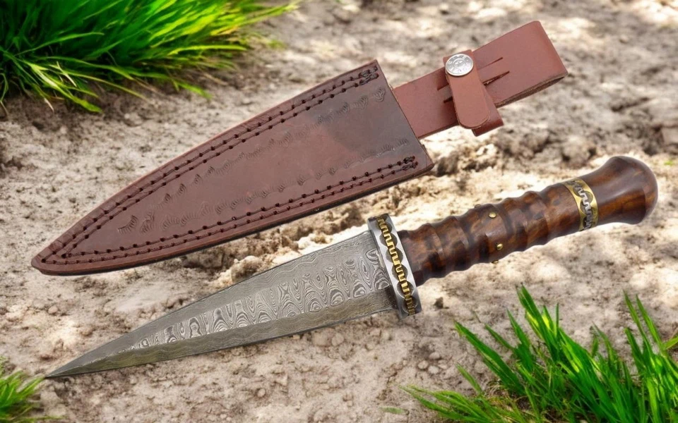 New Damascus Rosewood Handle Wood Dirk Dagger Brass Inserts Leather Sheath - Image 1 of 1