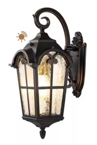 EDISHINE Plus Size 20" Black & Gold Trim Large Dusk - Dawn Lantern Sconce Light - Picture 1 of 4