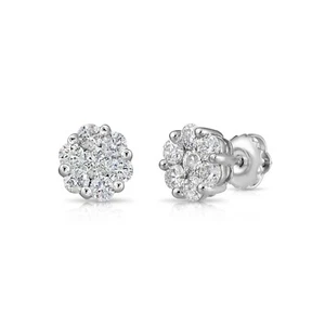 14K Solid Gold .75Ct Natural Round Diamond Cluster Flower Halo Stud Earrings - Picture 1 of 9