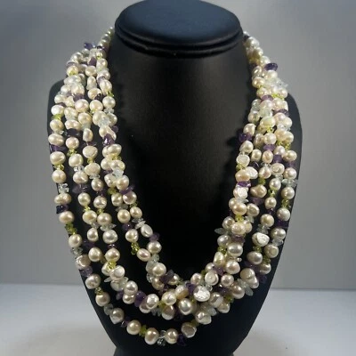 Ross Simons Button Pearls Amethyst Peridot Sterling Clasp 5 Strand Necklace - Image 1 of 4