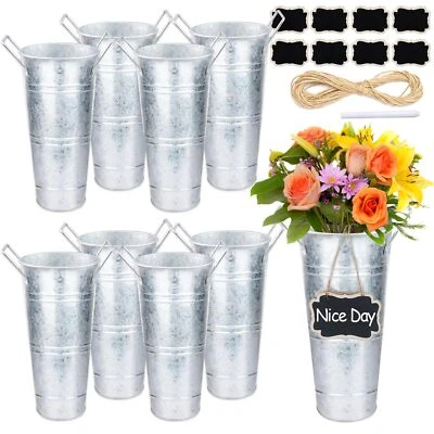 8 Set Galvanized Flower Buckets 10 Inch Metal Vases for Flowers Rustic Flower... - Image 1 of 4