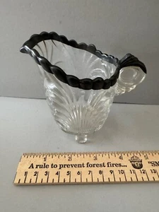 GLASS ART DECO FAN SCALLOPED EDGE SILVER OVERLAY TRIM FOOTED CREAMER PITCHER VTG - Picture 1 of 6