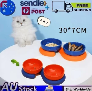 Circle Double Cat Bowl Ceramic Pet Bowls Stand Dog Elevated Feeder Food Water AU - Picture 1 of 8