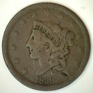 Moneda de centavo grande tipo cobre de Estados Unidos Coronet 1839 buen estado centavo 1 c - Imagen 1 de 2