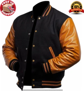 Letterman Baseball Bomber Black Wool Brown Leather Sleeve Varsity Jacket Large - Picture 1 of 4