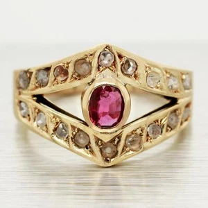 Antique Art Deco Ruby & Rose Cut Diamond Ring - 14k Yellow Gold Split Shank Band - Picture 1 of 7