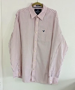 American Eagle Men Pink Gray Striped Vintage Fit Button Up Long Sleeve Shirt 2XL - Picture 1 of 7